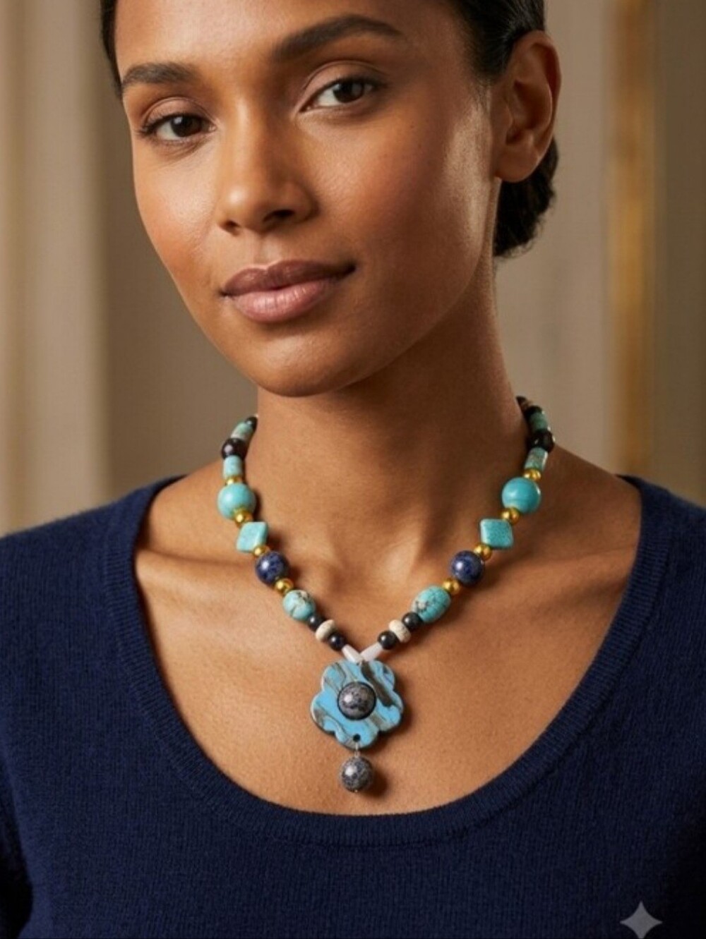Turquouse Blue Lapis Beaded Flower Sratement Chunky Boho Gemstone Necklace